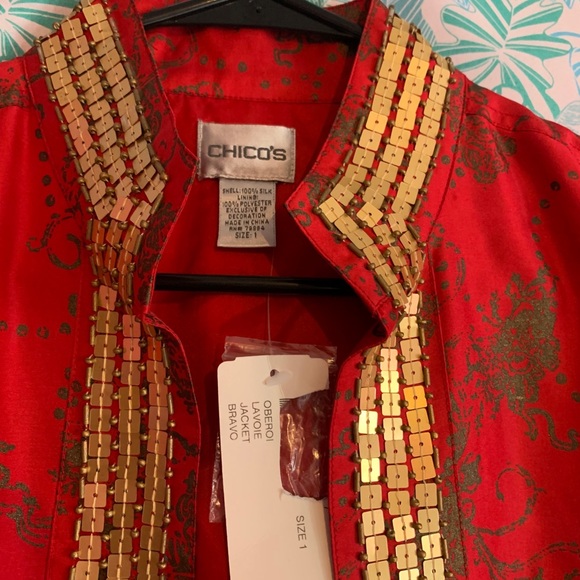 Chico’s Red Silk Open Front Jacket - Picture 4 of 6